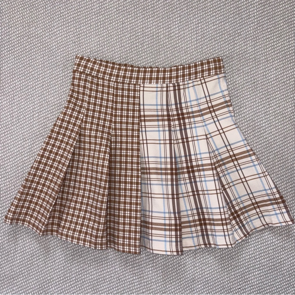Originality Tan White Blue Plaid Gingham Colorblock Pleated Flare Mini Skirt Xs